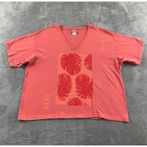 Cal Cru Womens XL Coral Pink Monstera Leaf Graphic V-Neck T-Shirt Made in USA